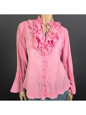 Y2K Ruffled Bell sleeve Blouse Size S Bubblegum Pink Cotton Shaggy Distressed